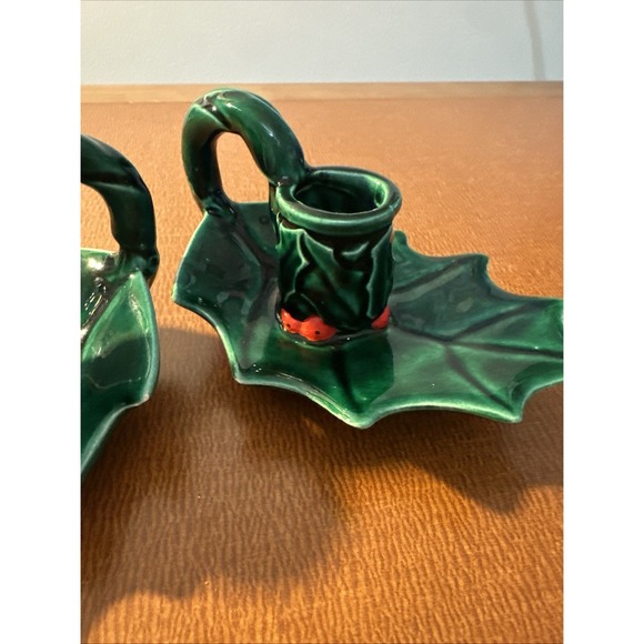 Vintage Christmas Ceramic Mold Holly Leaf Candle Holders 1980 Holiday - Picture 3 of 5